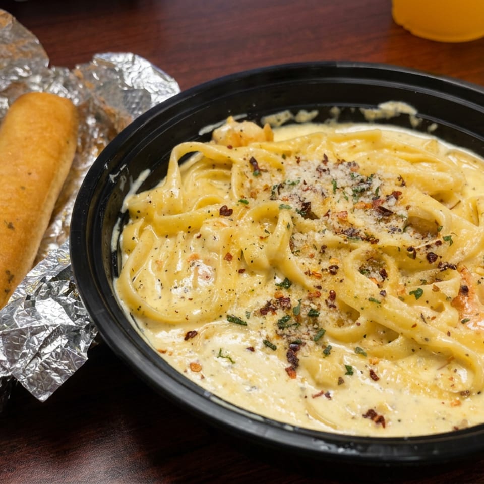 Creamy shrimp Alfredo pasta with herbs and red pepper flakes beside a foil-wrapped breadstick on a wooden table.
