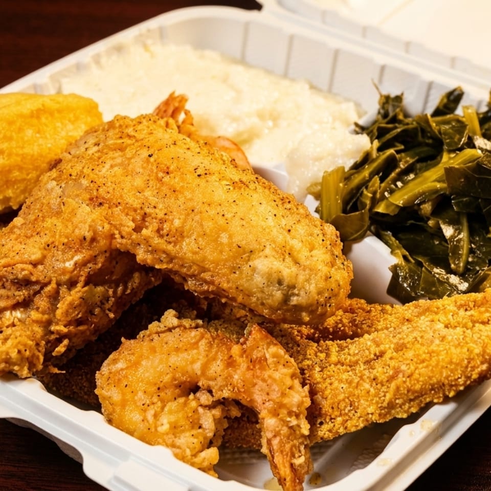 Takeout tray filled with fried fish, shrimp, hush puppies, creamy grits, and collard greens.