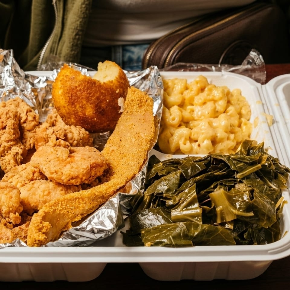 Takeout container filled with fried chicken, catfish, hush puppy, macaroni and cheese, and collard greens on a restaurant table.