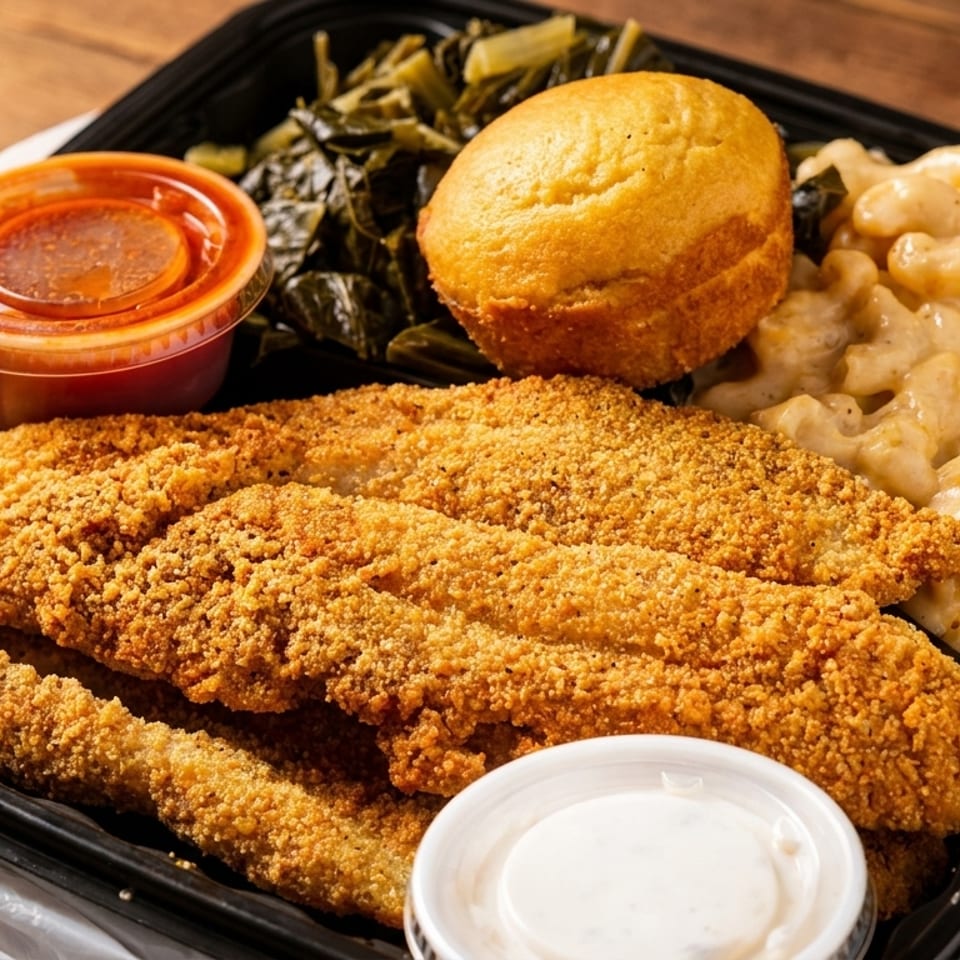 Takeout platter with crispy breaded fish, macaroni and cheese, collard greens, cornbread, and dipping sauces.