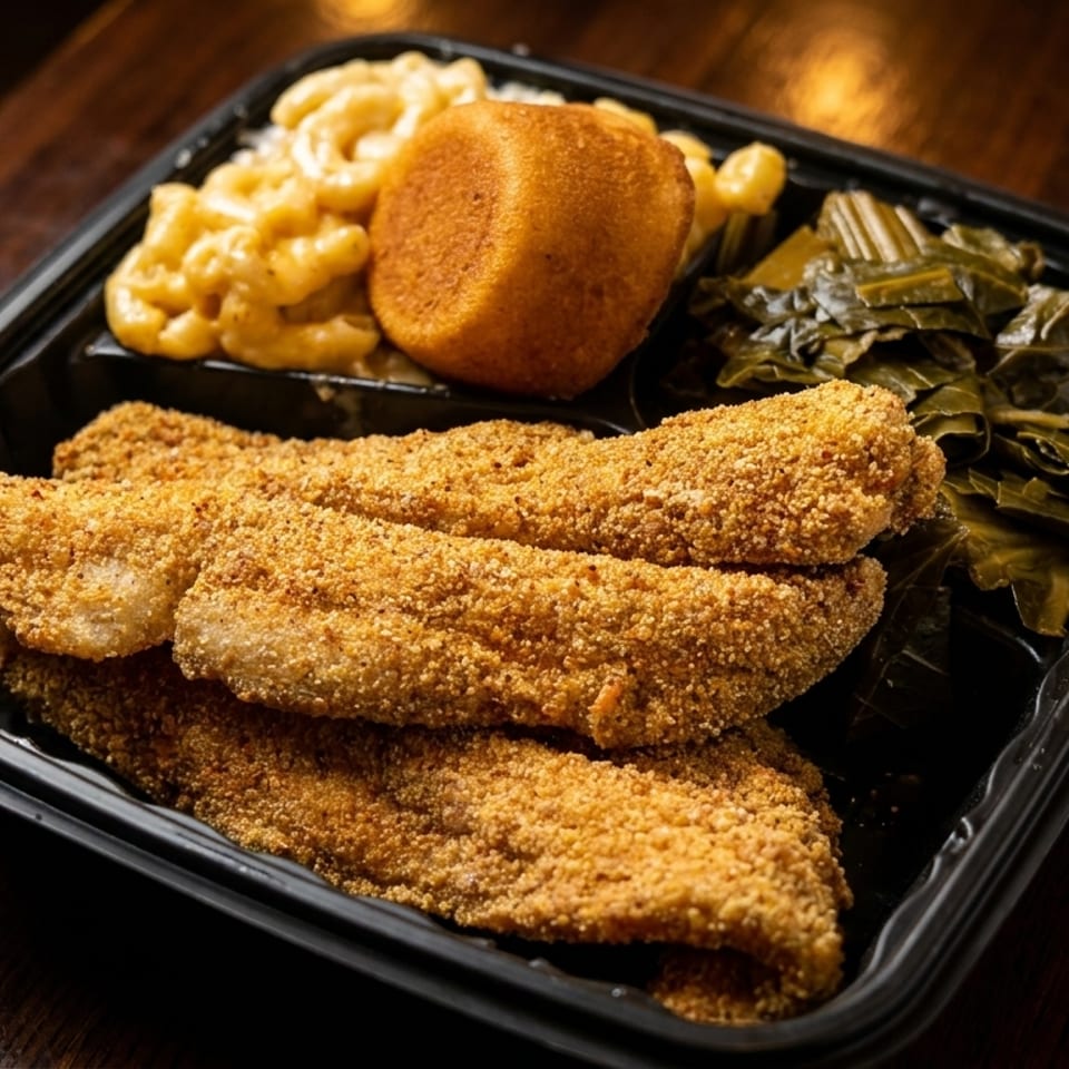 Takeout tray with crispy breaded fish fillets, macaroni and cheese, collard greens, and a golden cornbread muffin.