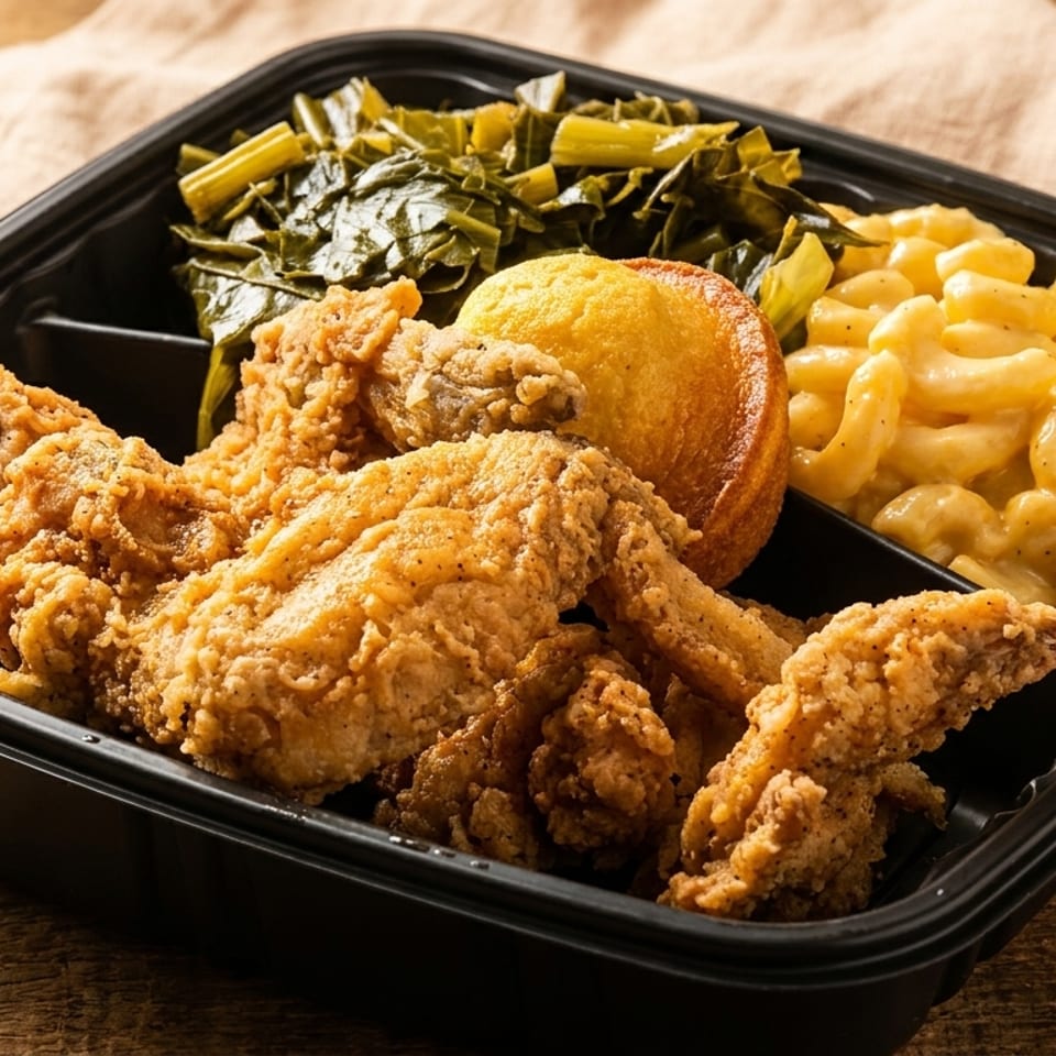 Black takeout tray with crispy fried chicken, macaroni and cheese, collard greens, and cornbread on a wooden table.